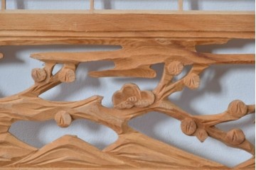 ヴィンテージ建具　昭和後期　松竹梅の彫刻と麻の葉文様が入った組子欄間2枚セット　(R-085088)