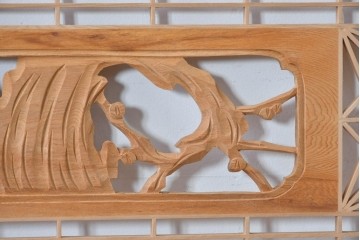 ヴィンテージ建具　昭和後期　松竹梅の彫刻と麻の葉文様が入った組子欄間2枚セット　(R-085088)