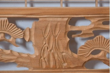 ヴィンテージ建具　昭和後期　松竹梅の彫刻と麻の葉文様が入った組子欄間2枚セット　(R-085088)