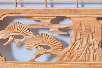 ヴィンテージ建具　昭和後期　松竹梅の彫刻と麻の葉文様が入った組子欄間2枚セット　(R-085088)