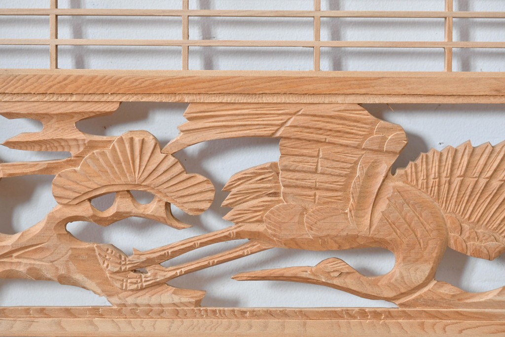 ヴィンテージ建具　昭和後期　松に鶴の彫刻が入った組子欄間2枚セット　(R-085089)