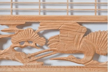 ヴィンテージ建具　昭和後期　松に鶴の彫刻が入った組子欄間2枚セット　(R-085089)