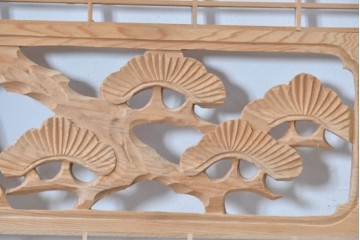 ヴィンテージ建具　昭和後期　松に鶴の彫刻と麻の葉文様が入った組子欄間2枚セット　(R-085090)