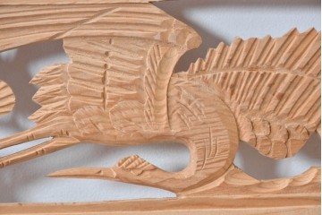 ヴィンテージ建具　昭和後期　松に鶴の彫刻と麻の葉文様が入った組子欄間2枚セット　(R-085090)