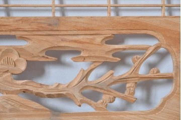 ヴィンテージ建具　昭和後期　彫刻入り　組子細工と松竹図の彫刻が味わい深い欄間2枚セット　(R-085091)