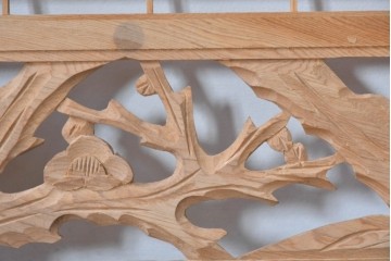 ヴィンテージ建具　昭和後期　彫刻入り　組子細工と松竹図の彫刻が味わい深い欄間2枚セット　(R-085091)
