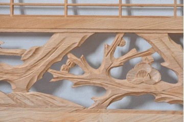 ヴィンテージ建具　昭和後期　彫刻入り　組子細工と松竹図の彫刻が味わい深い欄間2枚セット　(R-085091)