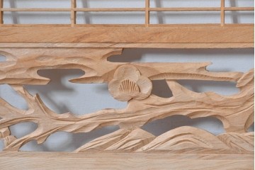 ヴィンテージ建具　昭和後期　彫刻入り　組子細工と松竹図の彫刻が味わい深い欄間2枚セット　(R-085091)