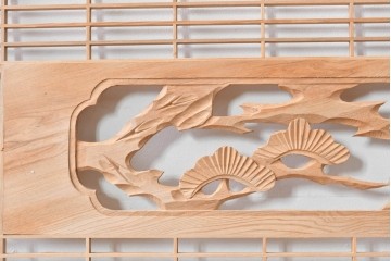 ヴィンテージ建具　昭和後期　彫刻入り　組子細工と松竹図の彫刻が味わい深い欄間2枚セット　(R-085091)