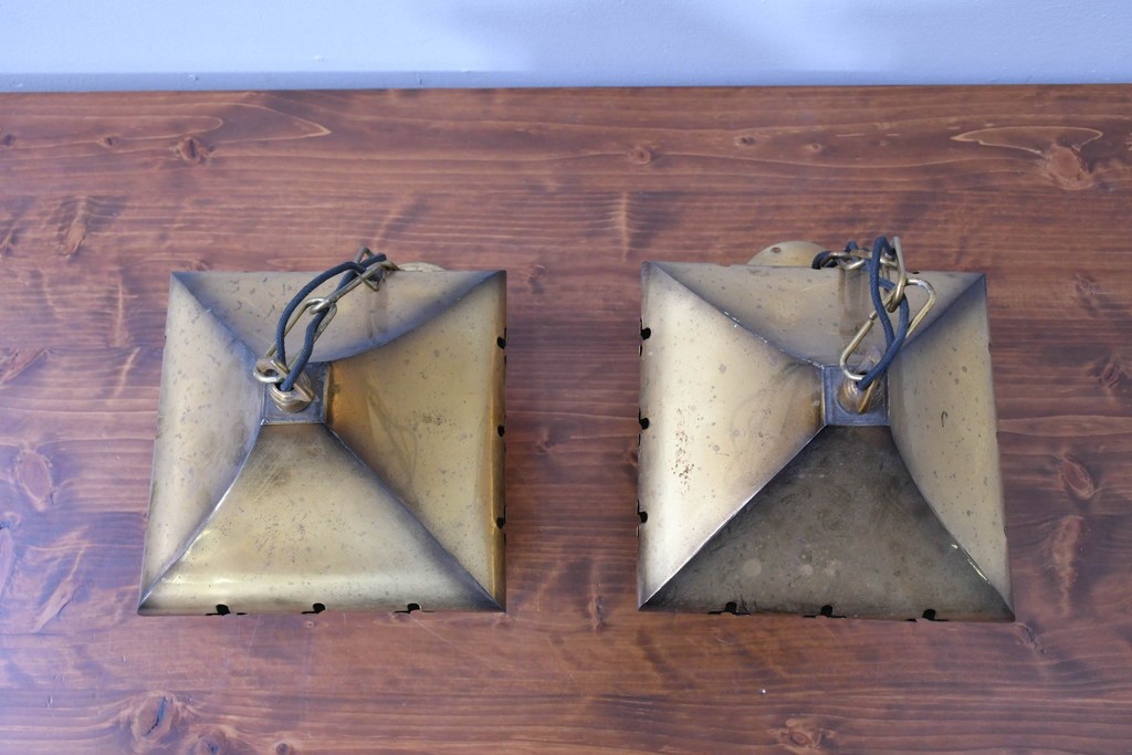 和製ヴィンテージ　レトロ　金属フードとガラスシェードのペンダントライト2個セット　(R-085107)