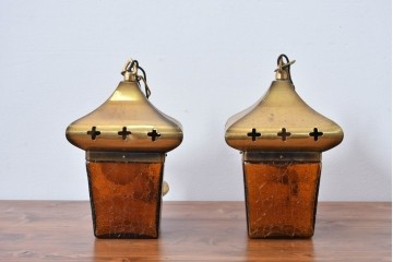 和製ヴィンテージ　レトロ　金属フードとガラスシェードのペンダントライト2個セット　(R-085107)