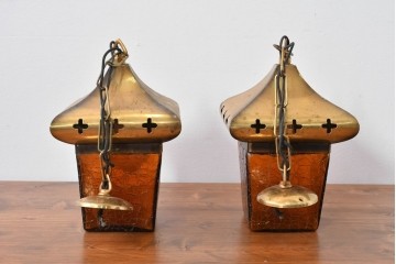 和製ヴィンテージ　レトロ　金属フードとガラスシェードのペンダントライト2個セット　(R-085107)