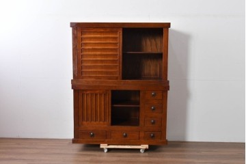 和製ヴィンテージ　桐材　柾目の美しい引き戸が魅力の重ね水屋箪笥　(R-085118)