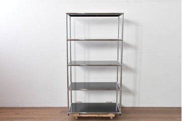 中古　美品　スイス　USMハラー(USM Haller)　クロームフレームにブラックの棚板を組み合わせたシンプルなオープンラック　定価約14万6千円相当　(R-085168)