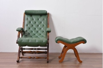 中古　超美品!!　スペイン製　バロッサバレンティ(VARO,S.A. VALENTI)　本革　深みのあるグリーンレザーが魅力!!英国クラシック調のアームチェアとオットマンのセット　セット定価約51万円相当　(R-085183)