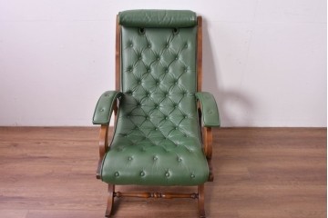 中古　超美品!!　スペイン製　バロッサバレンティ(VARO,S.A. VALENTI)　本革　深みのあるグリーンレザーが魅力!!英国クラシック調のアームチェアとオットマンのセット　セット定価約51万円相当　(R-085183)