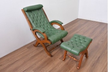 中古　超美品!!　スペイン製　バロッサバレンティ(VARO,S.A. VALENTI)　本革　深みのあるグリーンレザーが魅力!!英国クラシック調のアームチェアとオットマンのセット　セット定価約51万円相当　(R-085183)