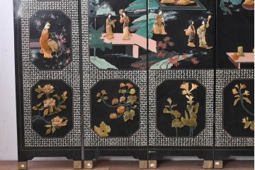 アジアンヴィンテージ　希少!!　中国美術屏風　雅集図　豪華装飾の玉石象嵌衝立　(R-085192)