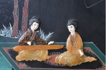 アジアンヴィンテージ　希少!!　中国美術屏風　雅集図　豪華装飾の玉石象嵌衝立　(R-085192)