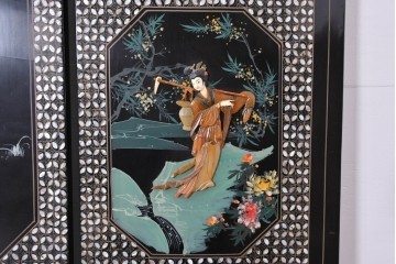 アジアンヴィンテージ　希少!!　中国美術屏風　雅集図　豪華装飾の玉石象嵌衝立　(R-085192)