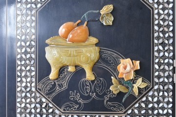 アジアンヴィンテージ　希少!!　中国美術屏風　雅集図　豪華装飾の玉石象嵌衝立　(R-085192)