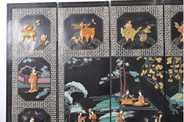 アジアンヴィンテージ　希少!!　中国美術屏風　雅集図　豪華装飾の玉石象嵌衝立　(R-085192)