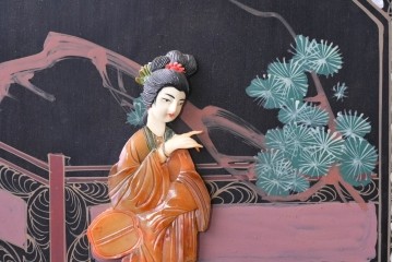 アジアンヴィンテージ　希少!!　中国美術屏風　雅集図　豪華装飾の玉石象嵌衝立　(R-085192)