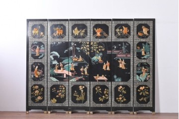 アジアンヴィンテージ　希少!!　中国美術屏風　雅集図　豪華装飾の玉石象嵌衝立　(R-085192)