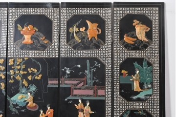 アジアンヴィンテージ　希少!!　中国美術屏風　雅集図　豪華装飾の玉石象嵌衝立　(R-085192)