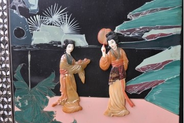 アジアンヴィンテージ　希少!!　中国美術屏風　雅集図　豪華装飾の玉石象嵌衝立　(R-085192)