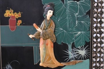 アジアンヴィンテージ　希少!!　中国美術屏風　雅集図　豪華装飾の玉石象嵌衝立　(R-085192)