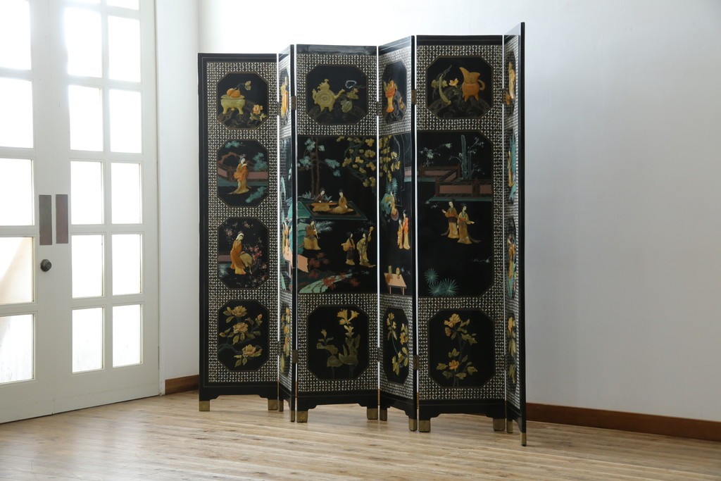 アジアンヴィンテージ　希少!!　中国美術屏風　雅集図　螺鈿　豪華装飾の玉石象嵌衝立　(R-085192)