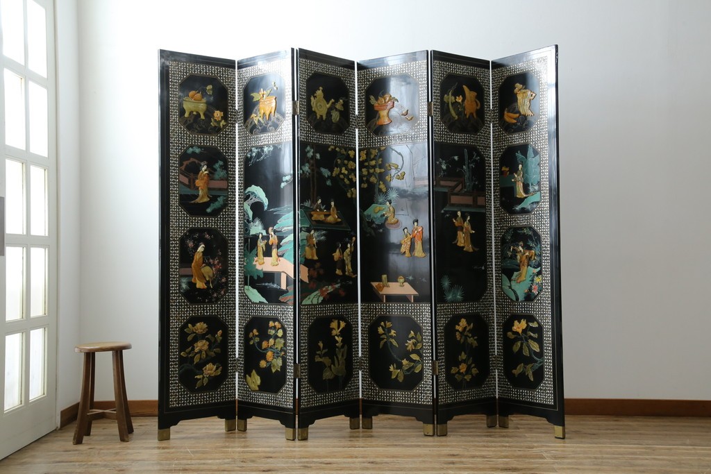 アジアンヴィンテージ　希少!!　中国美術屏風　雅集図　螺鈿　豪華装飾の玉石象嵌衝立　(R-085192)