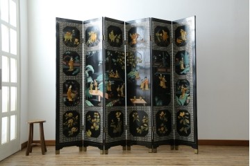 アジアンヴィンテージ　希少!!　中国美術屏風　雅集図　螺鈿　豪華装飾の玉石象嵌衝立　(R-085192)