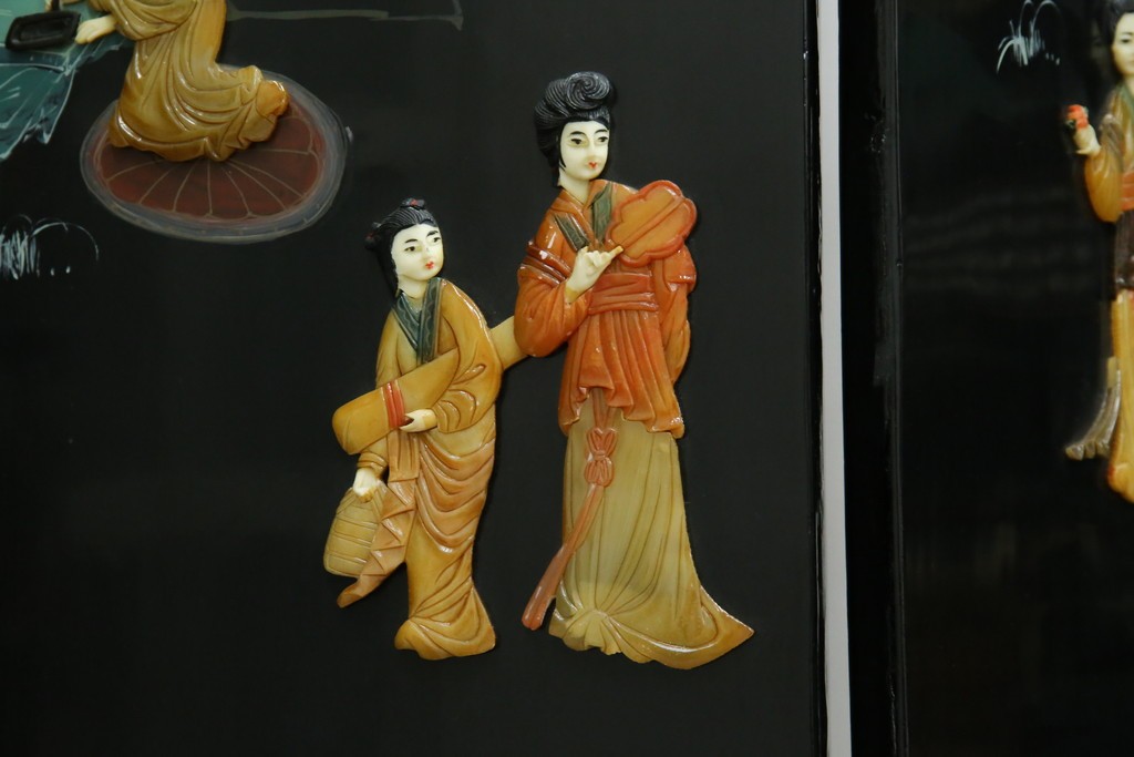 アジアンヴィンテージ　希少!!　中国美術屏風　雅集図　螺鈿　豪華装飾の玉石象嵌衝立　(R-085192)