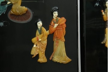 アジアンヴィンテージ　希少!!　中国美術屏風　雅集図　螺鈿　豪華装飾の玉石象嵌衝立　(R-085192)