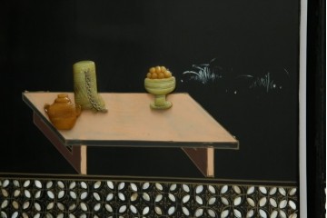 アジアンヴィンテージ　希少!!　中国美術屏風　雅集図　螺鈿　豪華装飾の玉石象嵌衝立　(R-085192)