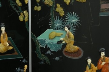 アジアンヴィンテージ　希少!!　中国美術屏風　雅集図　螺鈿　豪華装飾の玉石象嵌衝立　(R-085192)