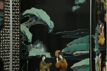 アジアンヴィンテージ　希少!!　中国美術屏風　雅集図　螺鈿　豪華装飾の玉石象嵌衝立　(R-085192)