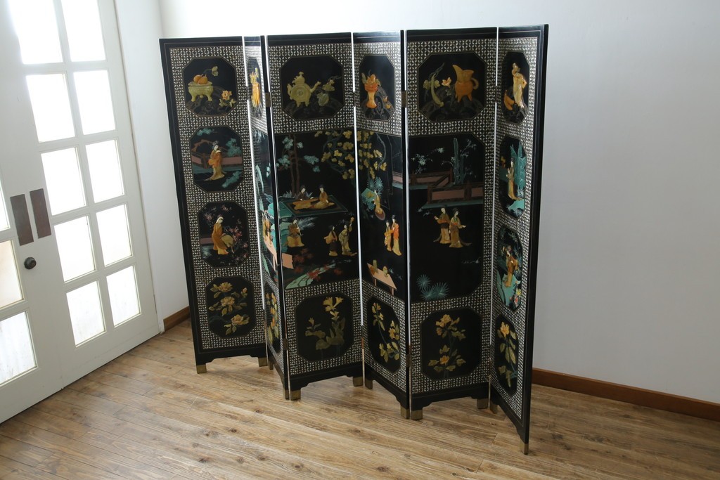 アジアンヴィンテージ　希少!!　中国美術屏風　雅集図　螺鈿　豪華装飾の玉石象嵌衝立　(R-085192)