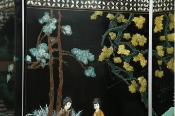 アジアンヴィンテージ　希少!!　中国美術屏風　雅集図　螺鈿　豪華装飾の玉石象嵌衝立　(R-085192)