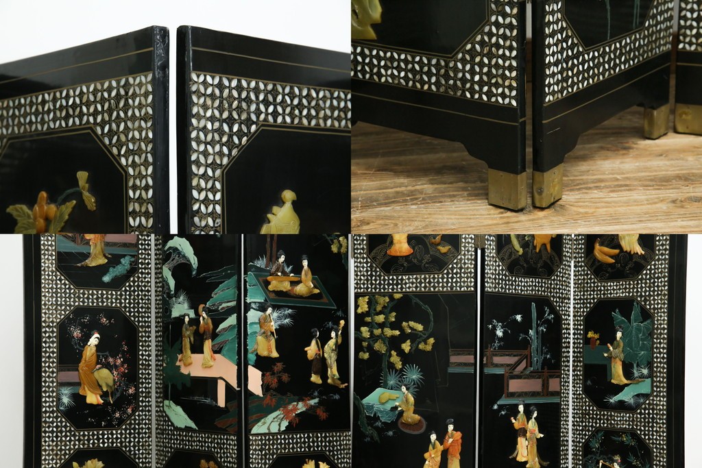 アジアンヴィンテージ　希少!!　中国美術屏風　雅集図　螺鈿　豪華装飾の玉石象嵌衝立　(R-085192)