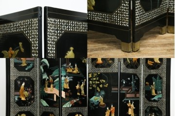 アジアンヴィンテージ　希少!!　中国美術屏風　雅集図　螺鈿　豪華装飾の玉石象嵌衝立　(R-085192)