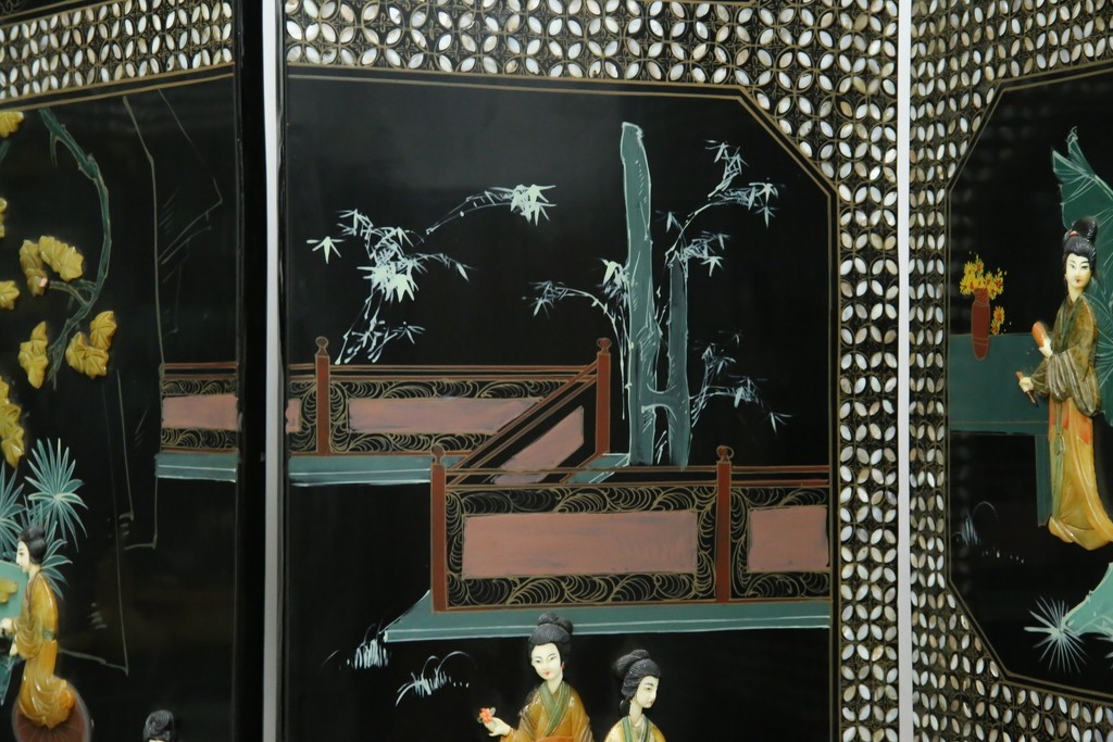 アジアンヴィンテージ　希少!!　中国美術屏風　雅集図　螺鈿　豪華装飾の玉石象嵌衝立　(R-085192)