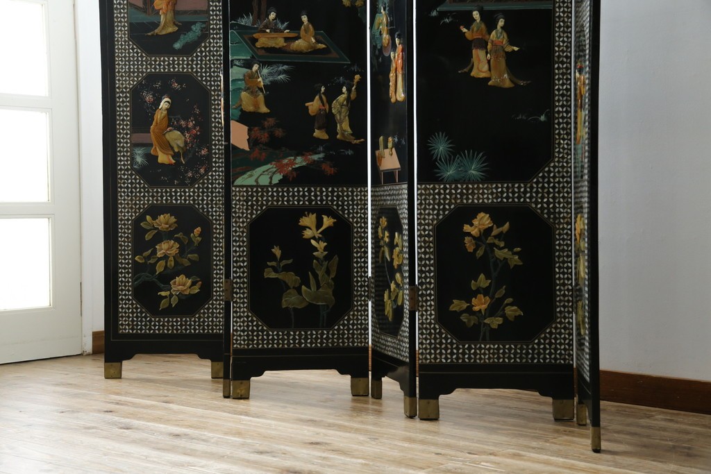 アジアンヴィンテージ　希少!!　中国美術屏風　雅集図　螺鈿　豪華装飾の玉石象嵌衝立　(R-085192)