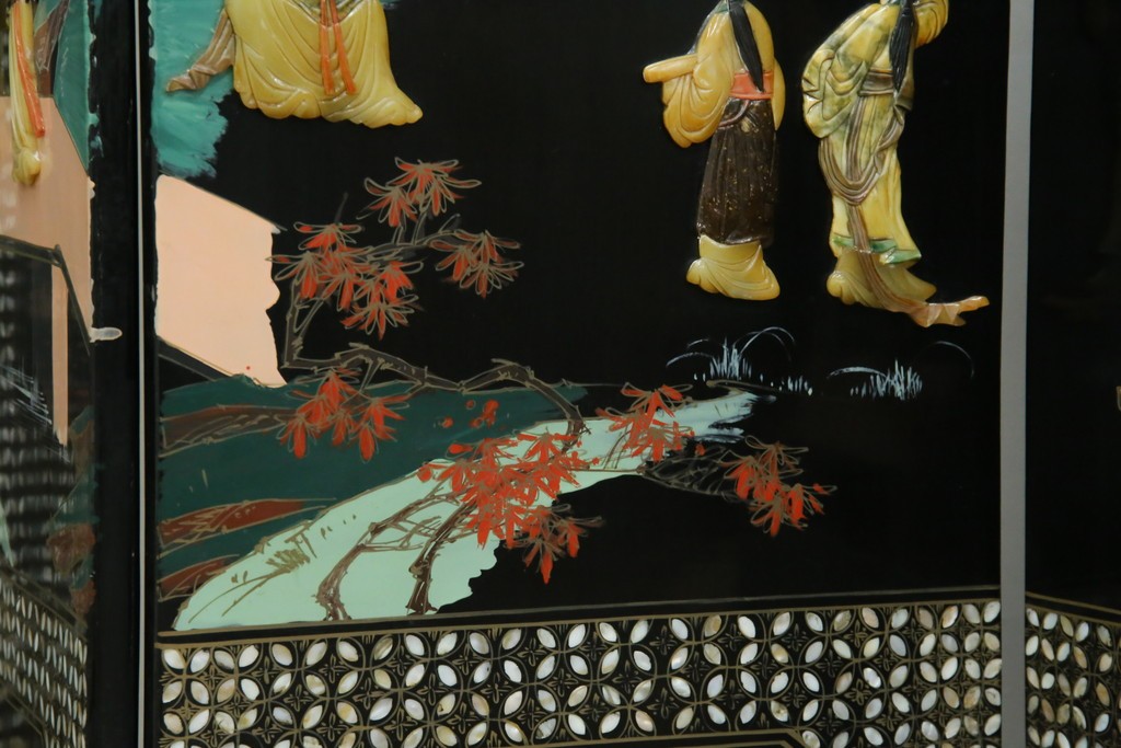 アジアンヴィンテージ　希少!!　中国美術屏風　雅集図　螺鈿　豪華装飾の玉石象嵌衝立　(R-085192)