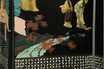 アジアンヴィンテージ　希少!!　中国美術屏風　雅集図　螺鈿　豪華装飾の玉石象嵌衝立　(R-085192)