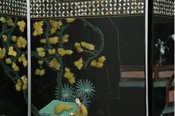 アジアンヴィンテージ　希少!!　中国美術屏風　雅集図　螺鈿　豪華装飾の玉石象嵌衝立　(R-085192)