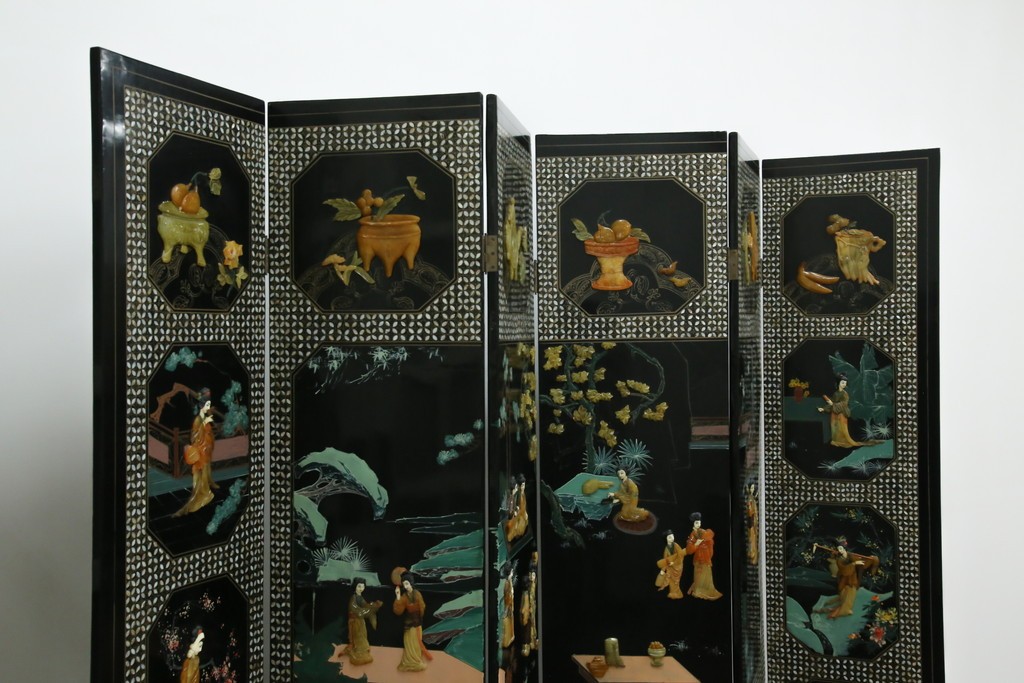 アジアンヴィンテージ　希少!!　中国美術屏風　雅集図　螺鈿　豪華装飾の玉石象嵌衝立　(R-085192)