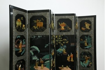 アジアンヴィンテージ　希少!!　中国美術屏風　雅集図　螺鈿　豪華装飾の玉石象嵌衝立　(R-085192)